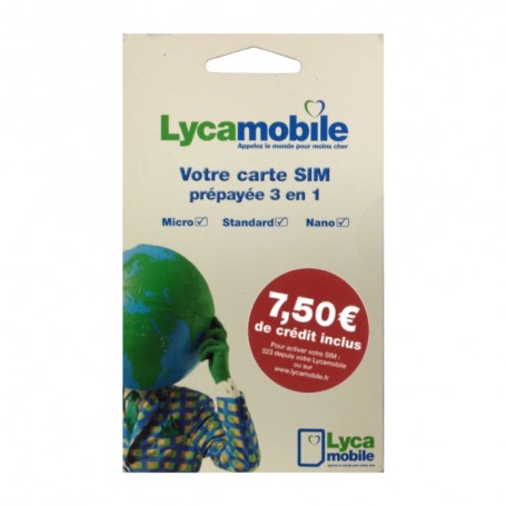 Solde carte prépayée Lycamobile Déstockage carte sim prépayée Lycamobile 7.5€ de crédit de communication inclus pas cher